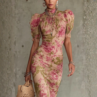 Vintage Floral Puff Sleeve Maxi Dress Elegant High Neck