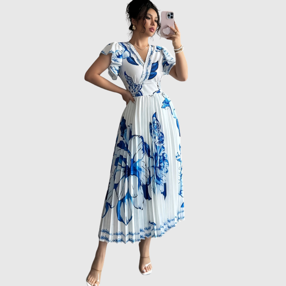 Floral Print Pleated Vacation Dress