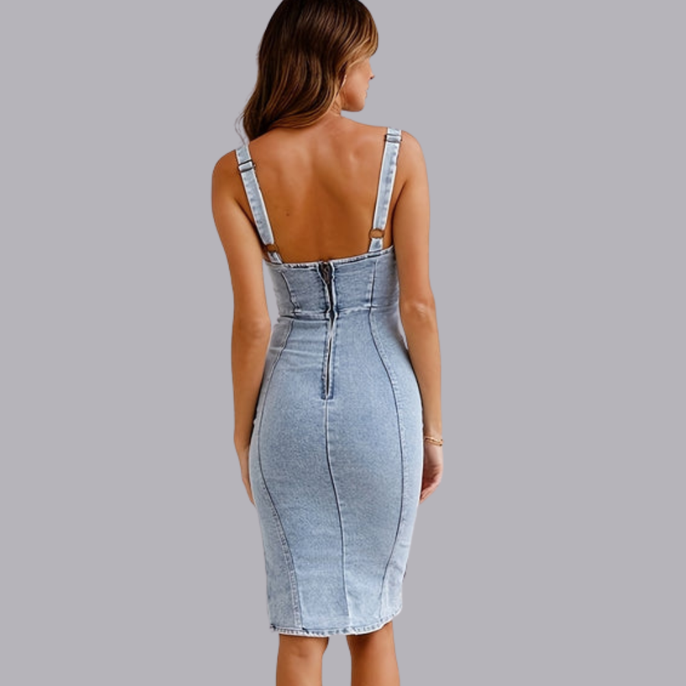 Women U Neck Denim Bodycon Dress Sleeveless Backless Slit Summer