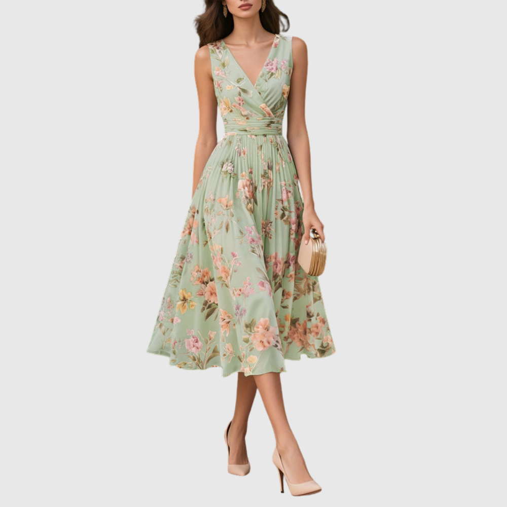 Floral V Neck Pleated Midi Dress