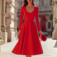 Elegant Red V-Neck Fit and Flare Midi Dress