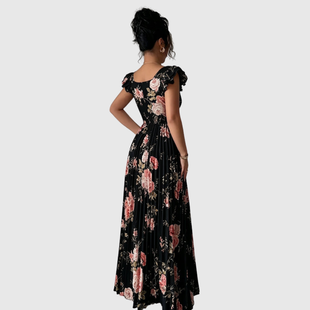 Floral Square Neck Pleated Midi Dress