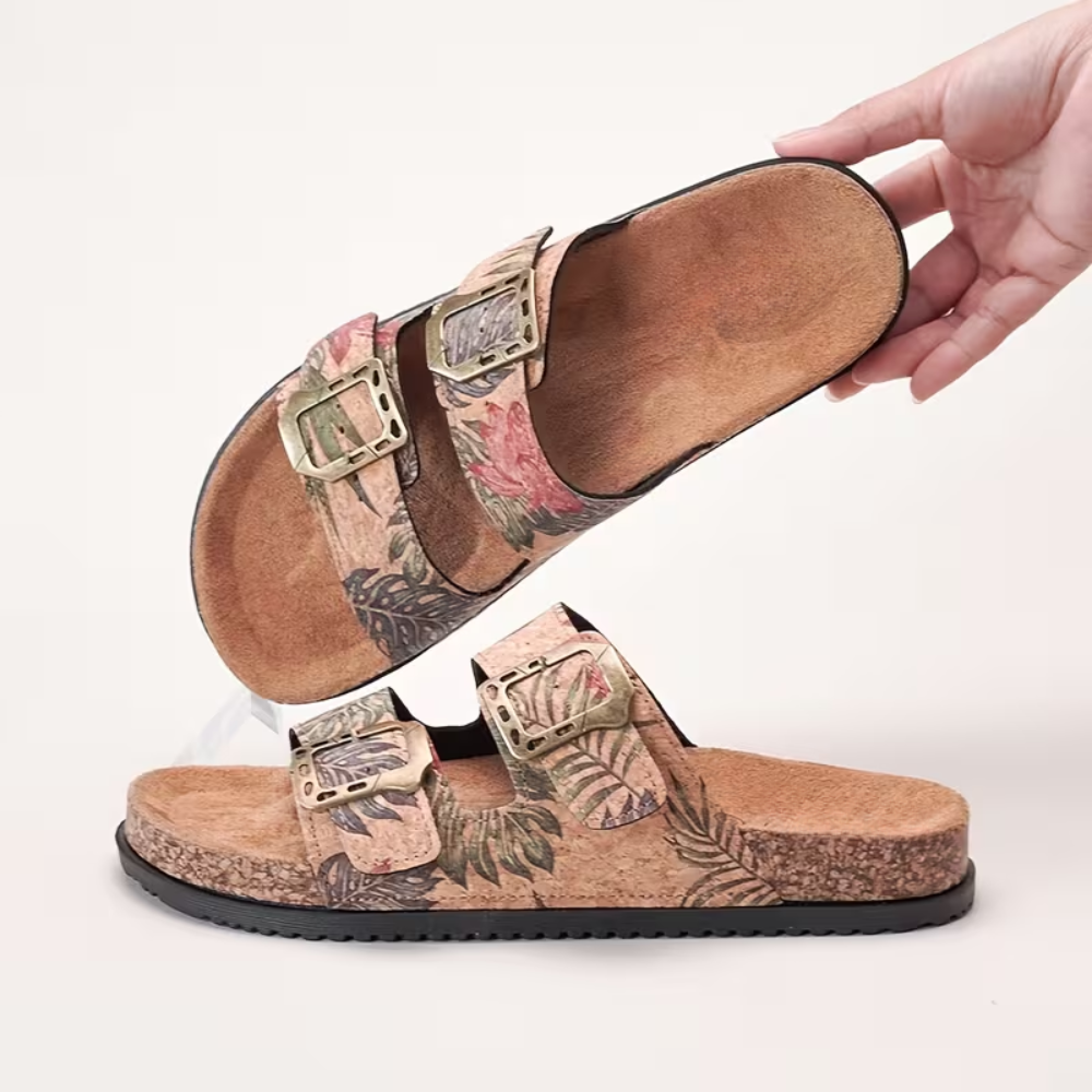 Tropical Print Double Buckle Slide Sandals