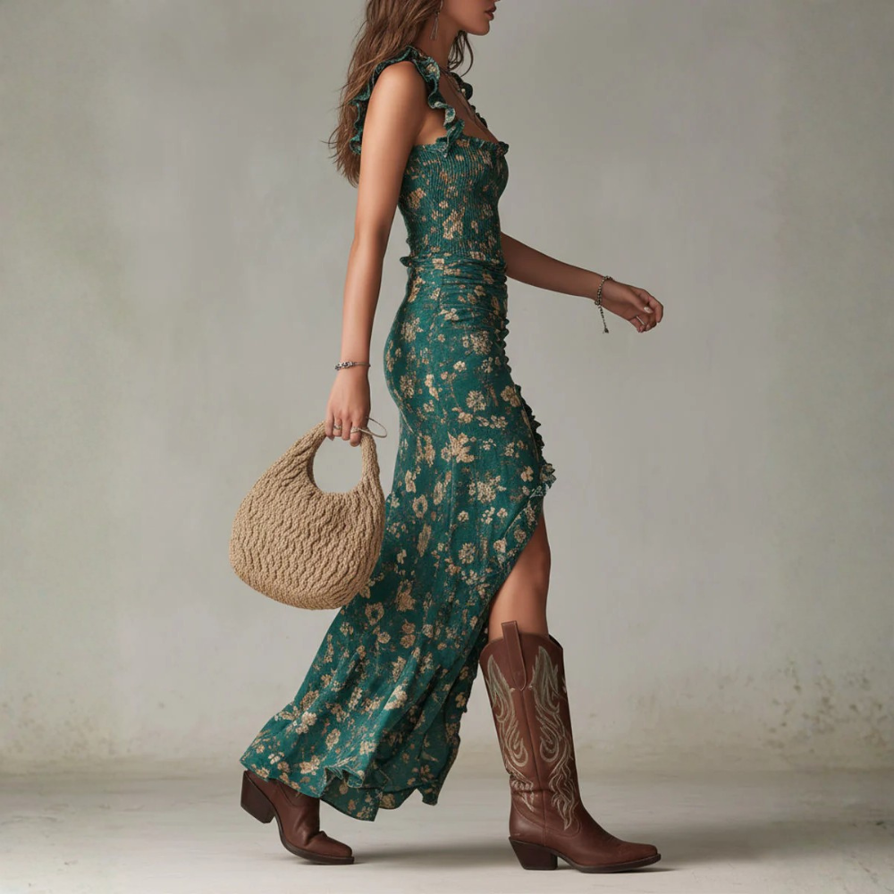 Bohemian Floral Ruffle Maxi Dress High Slit