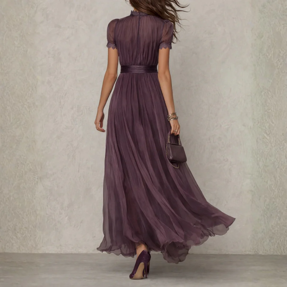 Elegant Chiffon Lace Trim Maxi Dress High Neck