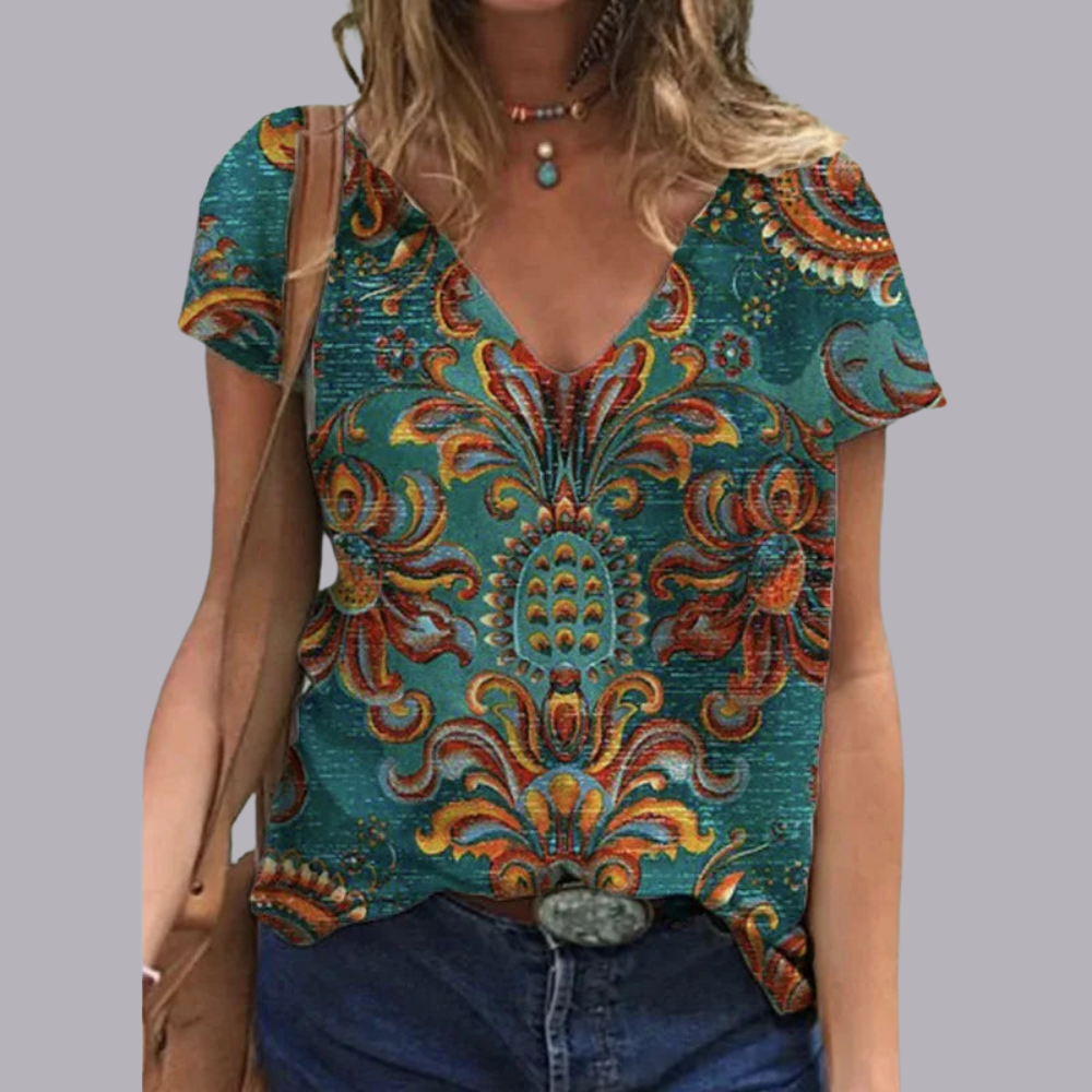 Women Floral Print V Neck Oversized T Shirt Casual Top