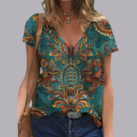 Women Floral Print V Neck Oversized T Shirt Casual Top