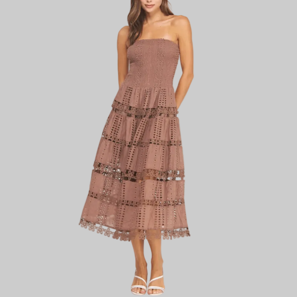Strapless Eyelet Lace Midi Dress