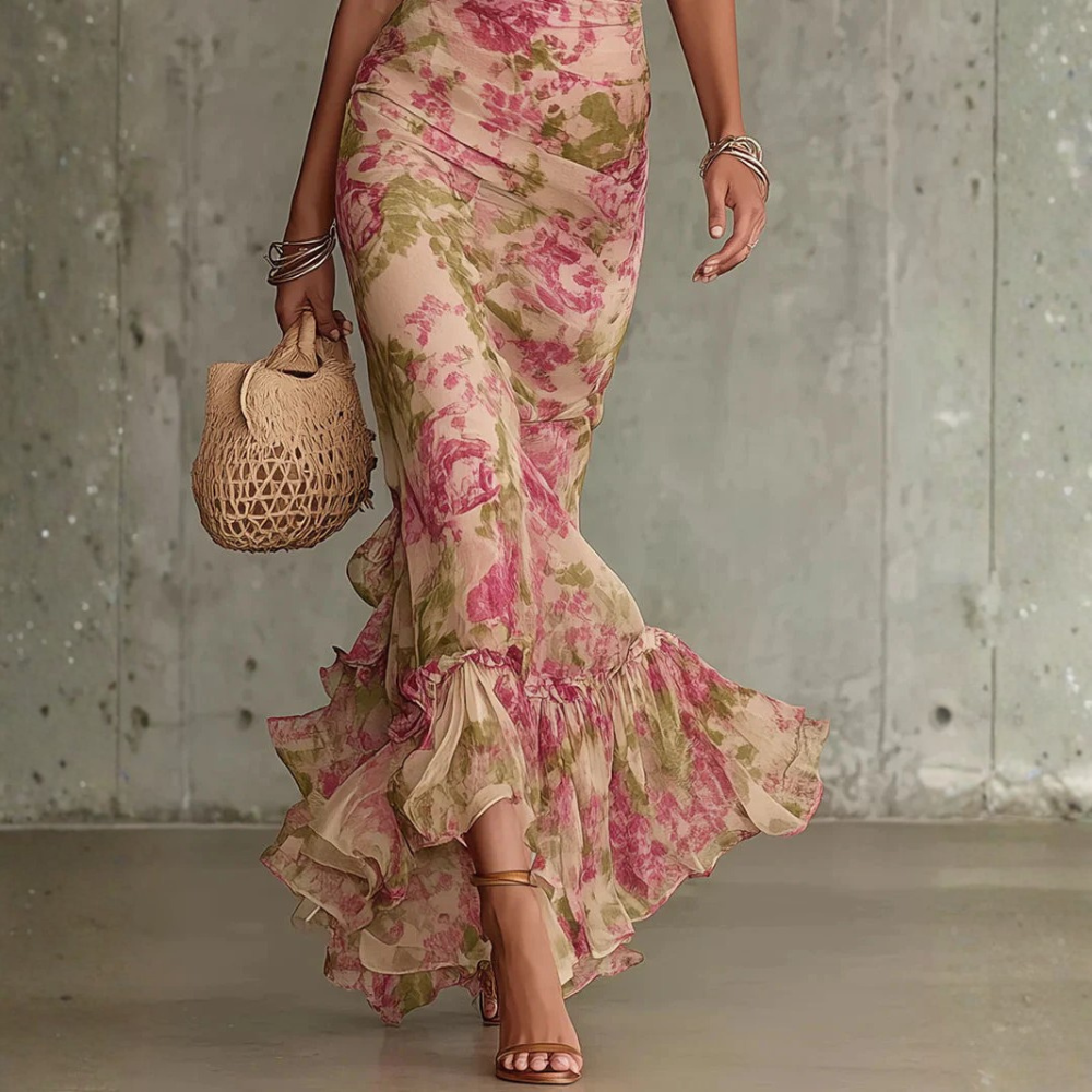 Vintage Floral Puff Sleeve Maxi Dress Elegant High Neck