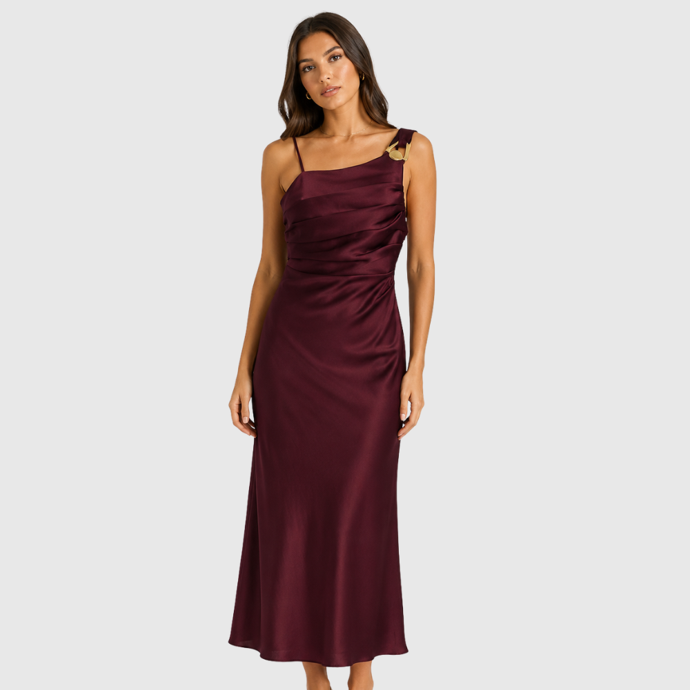 Asymmetrical Strap Pleated Midi Dress