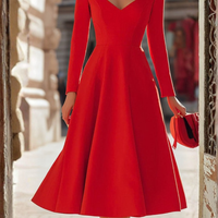 Elegant Red V-Neck Fit and Flare Midi Dress