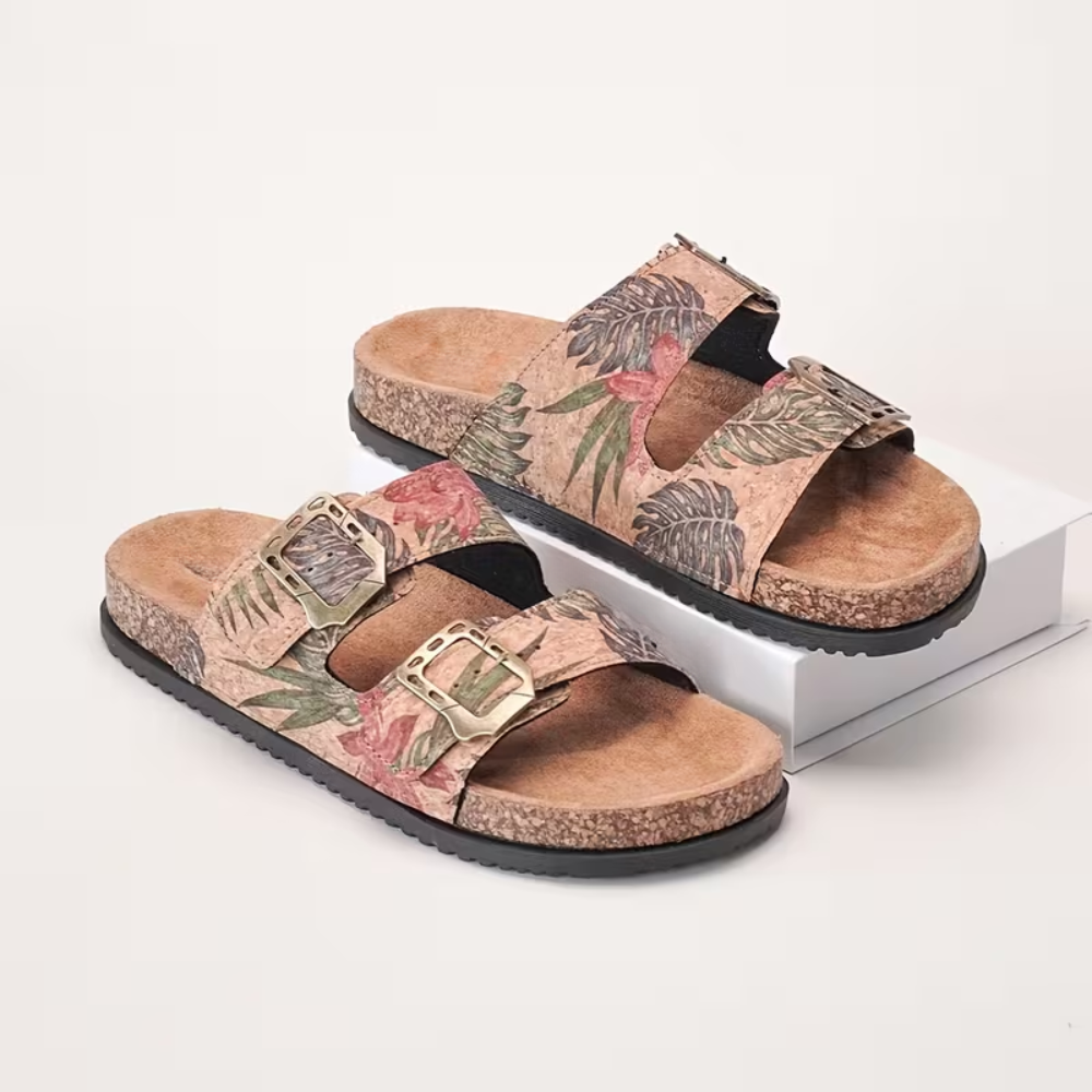 Tropical Print Double Buckle Slide Sandals