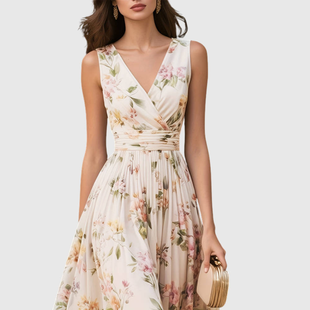 Floral V Neck Pleated Midi Dress