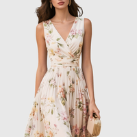 Floral V Neck Pleated Midi Dress