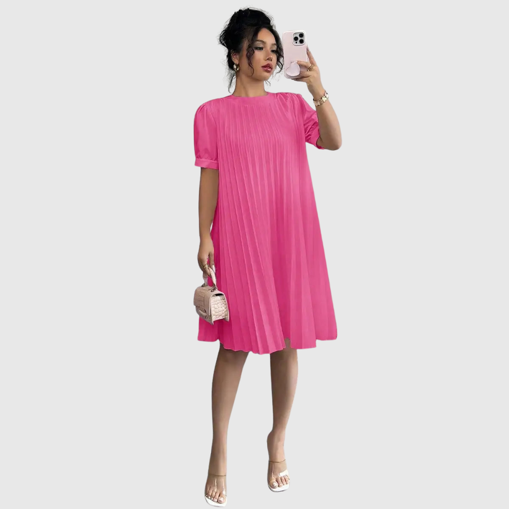 Pleated Puff Sleeve Midi Dress