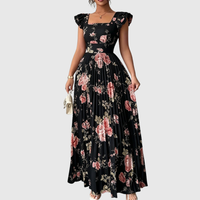 Floral Square Neck Pleated Midi Dress