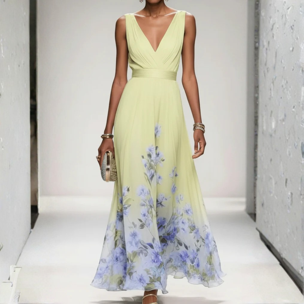 Floral Chiffon V Neck Maxi Dress