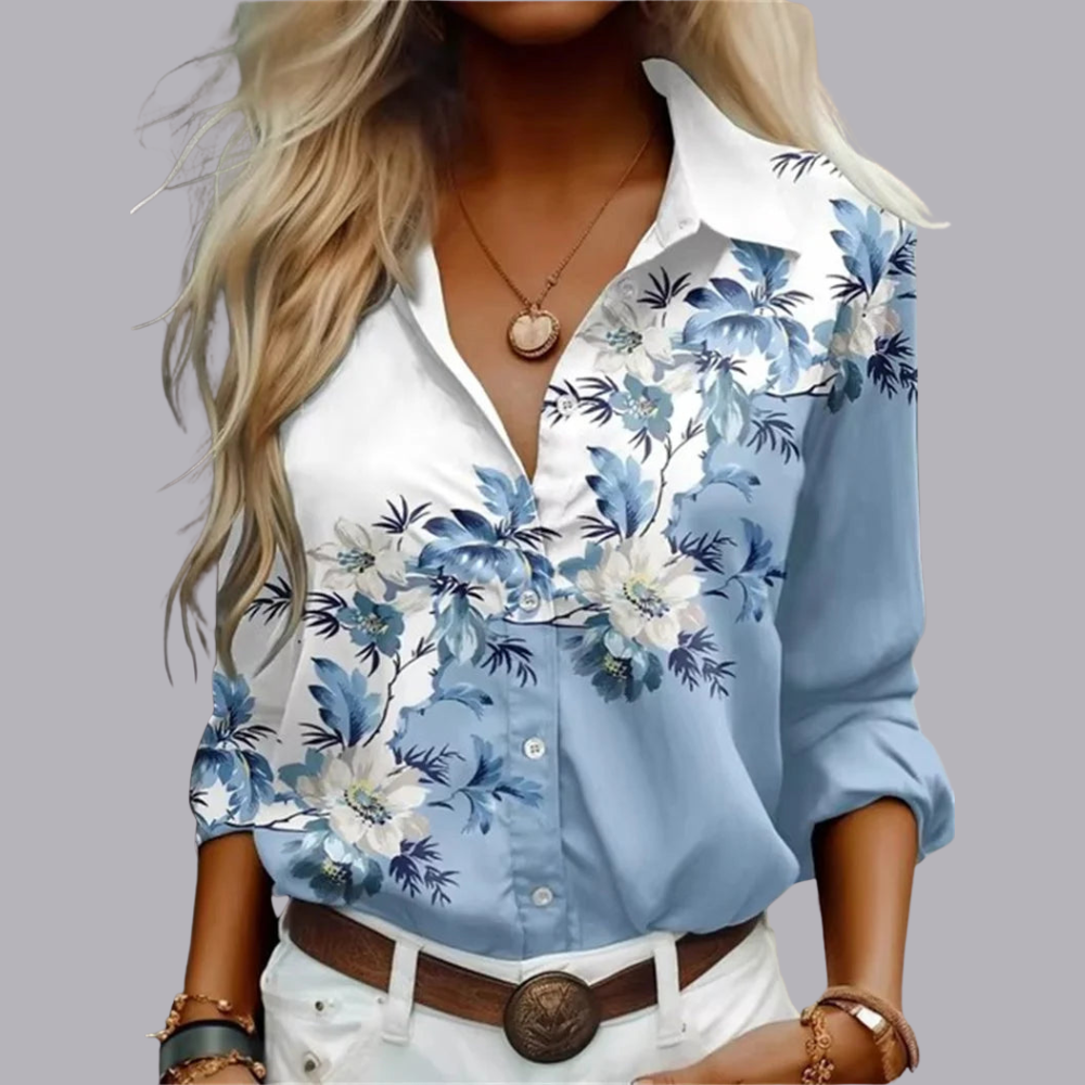 Women Floral Pattern Blouse Long Sleeve Loose Casual Fit