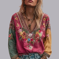 Women Retro V Neck Embroidery Top Long Sleeve Loose Fit Casual