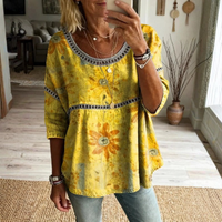 Women Bohemian Floral Print Blouse Round Neck Casual Top