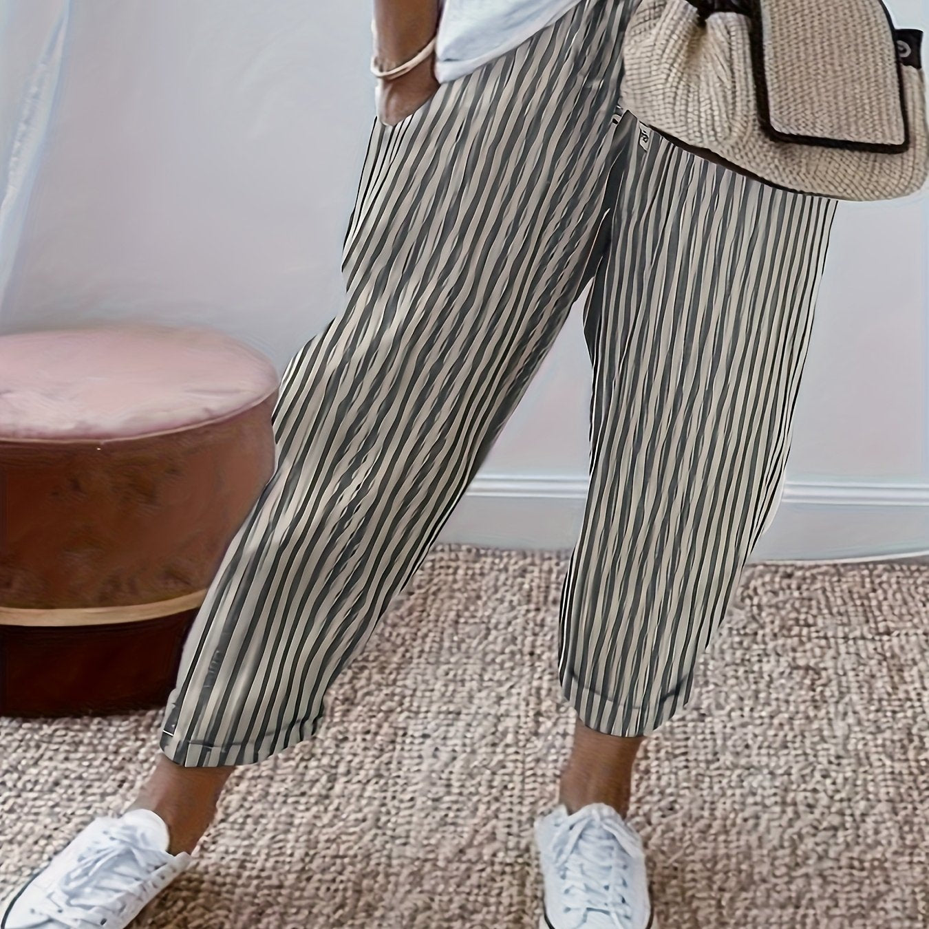 Striped Cotton Drawstring Cropped Pants