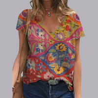 Women Floral Print V Neck Oversized T Shirt Casual Top