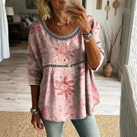 Women Bohemian Floral Print Blouse Round Neck Casual Top