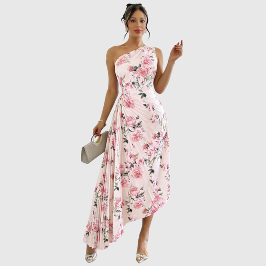 Floral One Shoulder Pleated Midi Dress