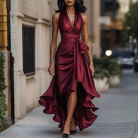Elegant Satin Wrap Maxi Dress Deep V Neck