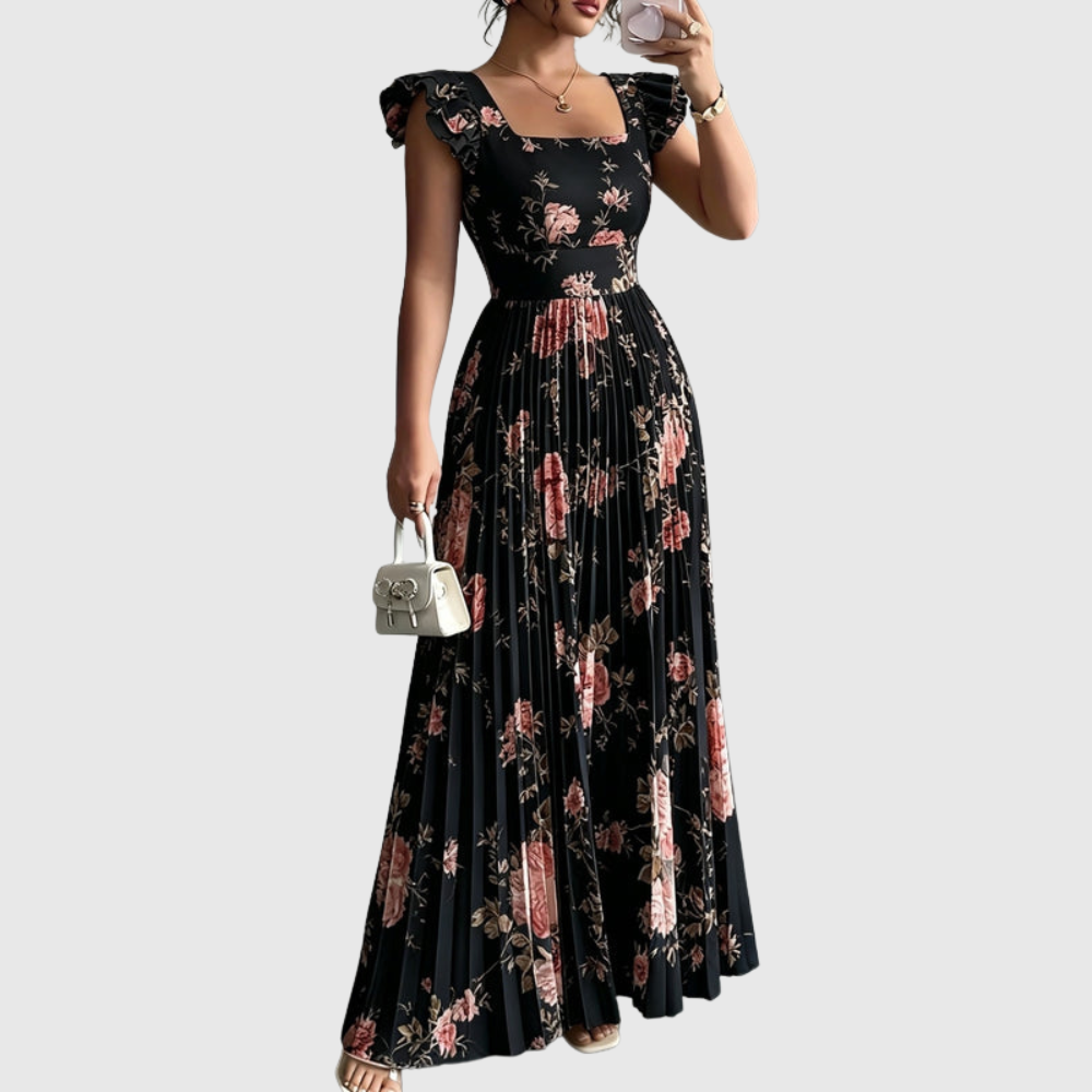 Floral Square Neck Pleated Midi Dress