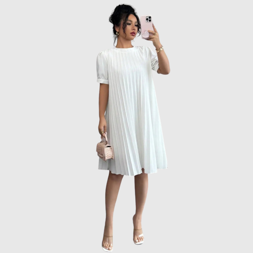 Pleated Puff Sleeve Midi Dress