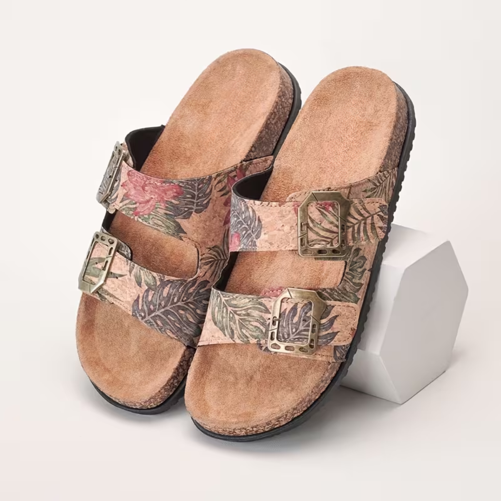 Tropical Print Double Buckle Slide Sandals