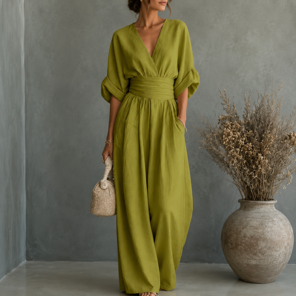 Vintage Jumpsuit mit V-Ausschnitt und weitem Bein