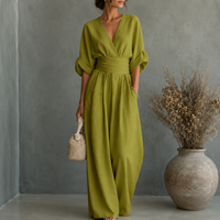Vintage Jumpsuit mit V-Ausschnitt und weitem Bein