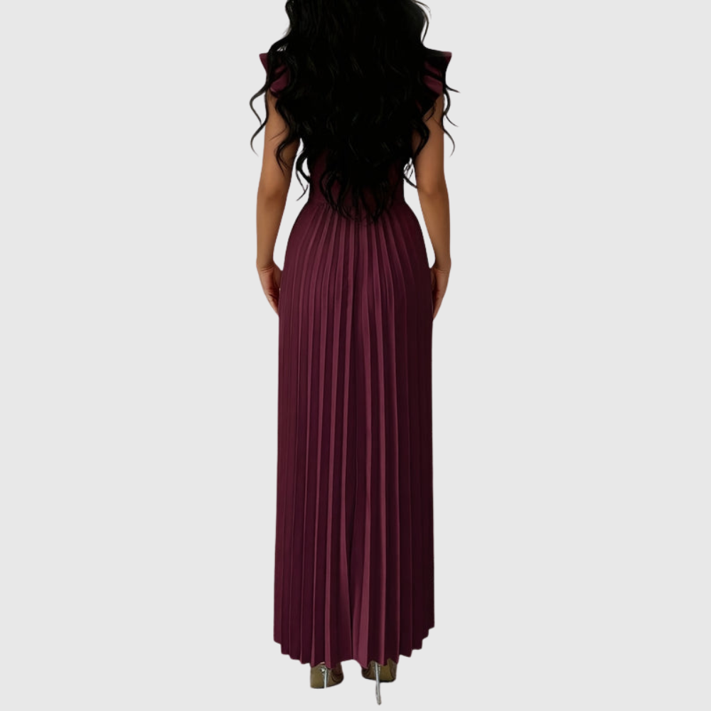 Elegant V Neck Pleated Midi Dress
