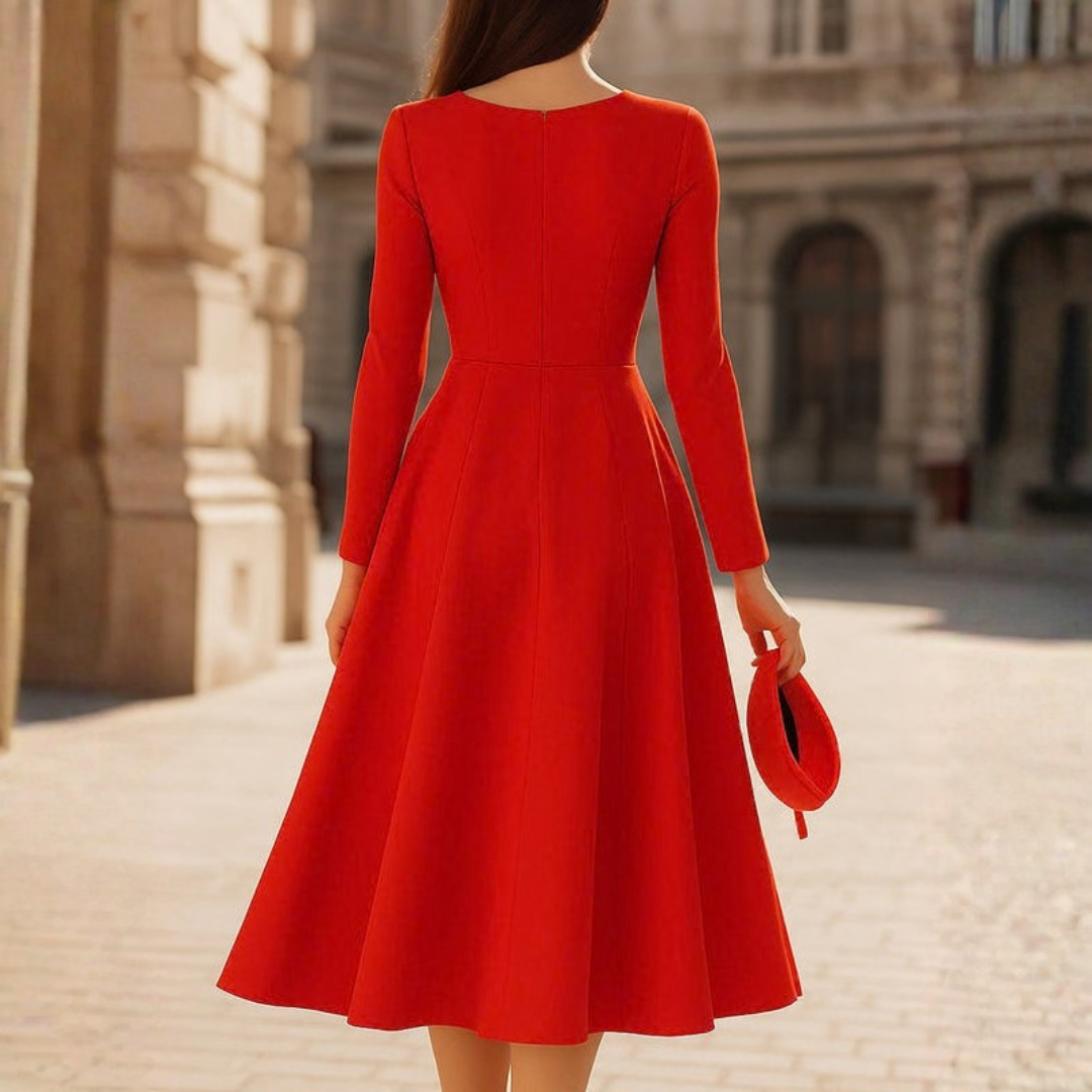 Elegant Red V-Neck Fit and Flare Midi Dress