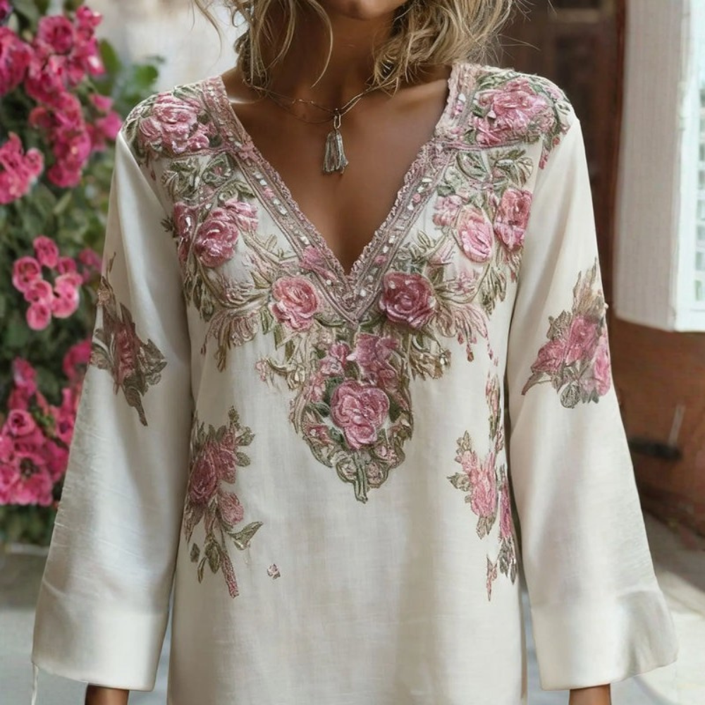 Women V Neck Floral Print Top Half Sleeve Summer Casual