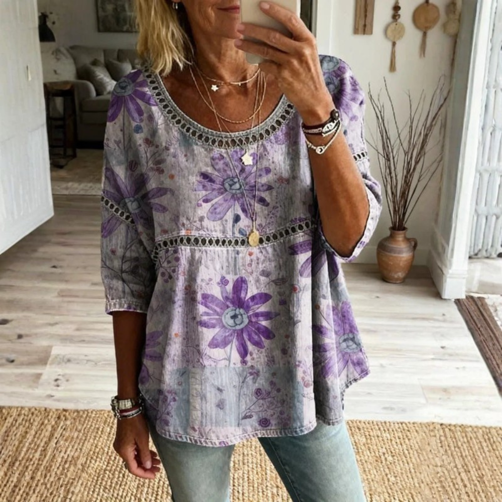 Women Bohemian Floral Print Blouse Round Neck Casual Top