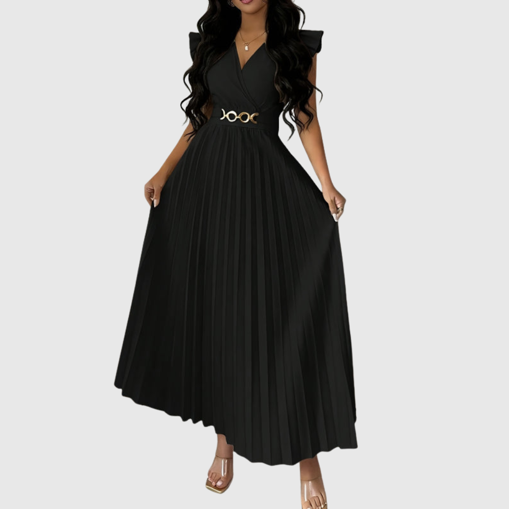 Elegant V Neck Pleated Midi Dress