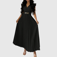 Elegant V Neck Pleated Midi Dress