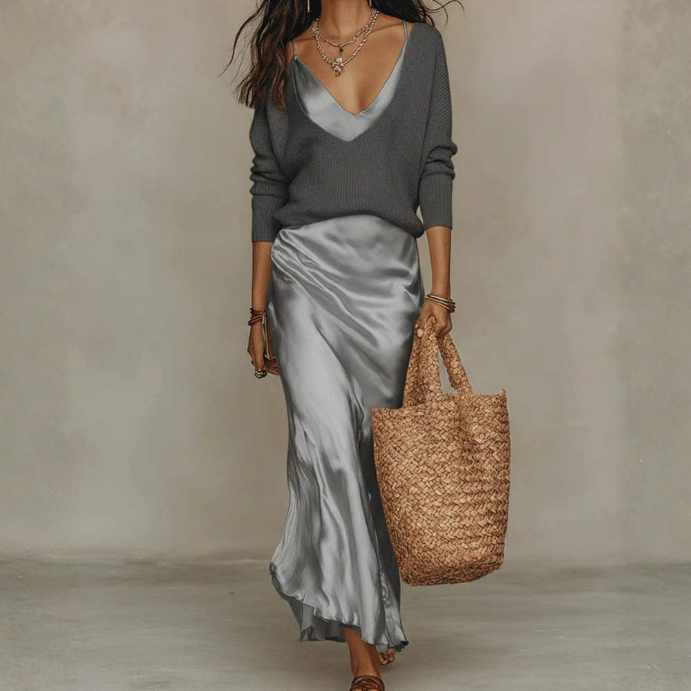 Elegant Slip Midi Dress Minimalist V Neck