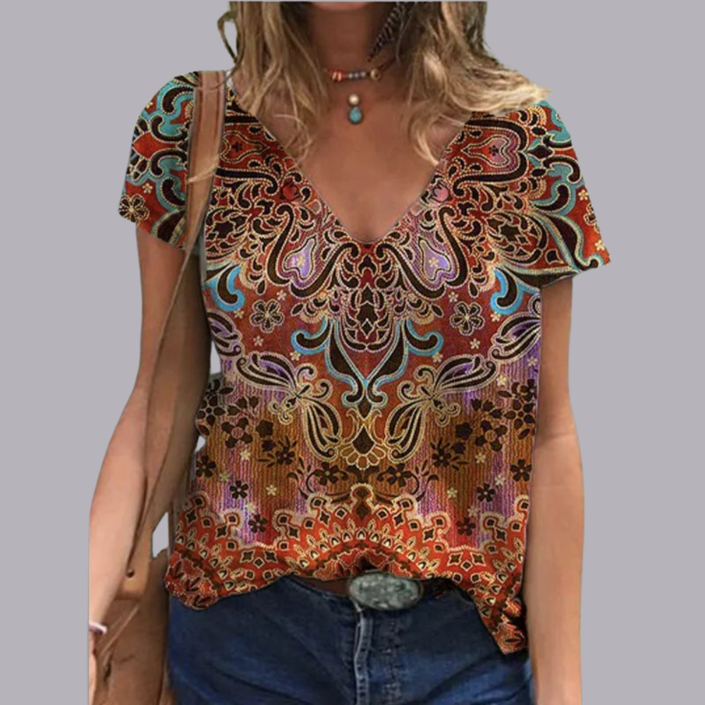 Women Floral Print V Neck Oversized T Shirt Casual Top