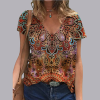 Women Floral Print V Neck Oversized T Shirt Casual Top