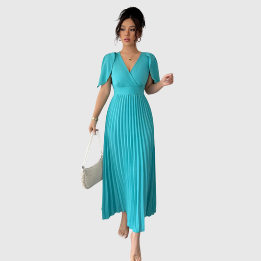 Flutter Sleeve Pleated Midi Dress