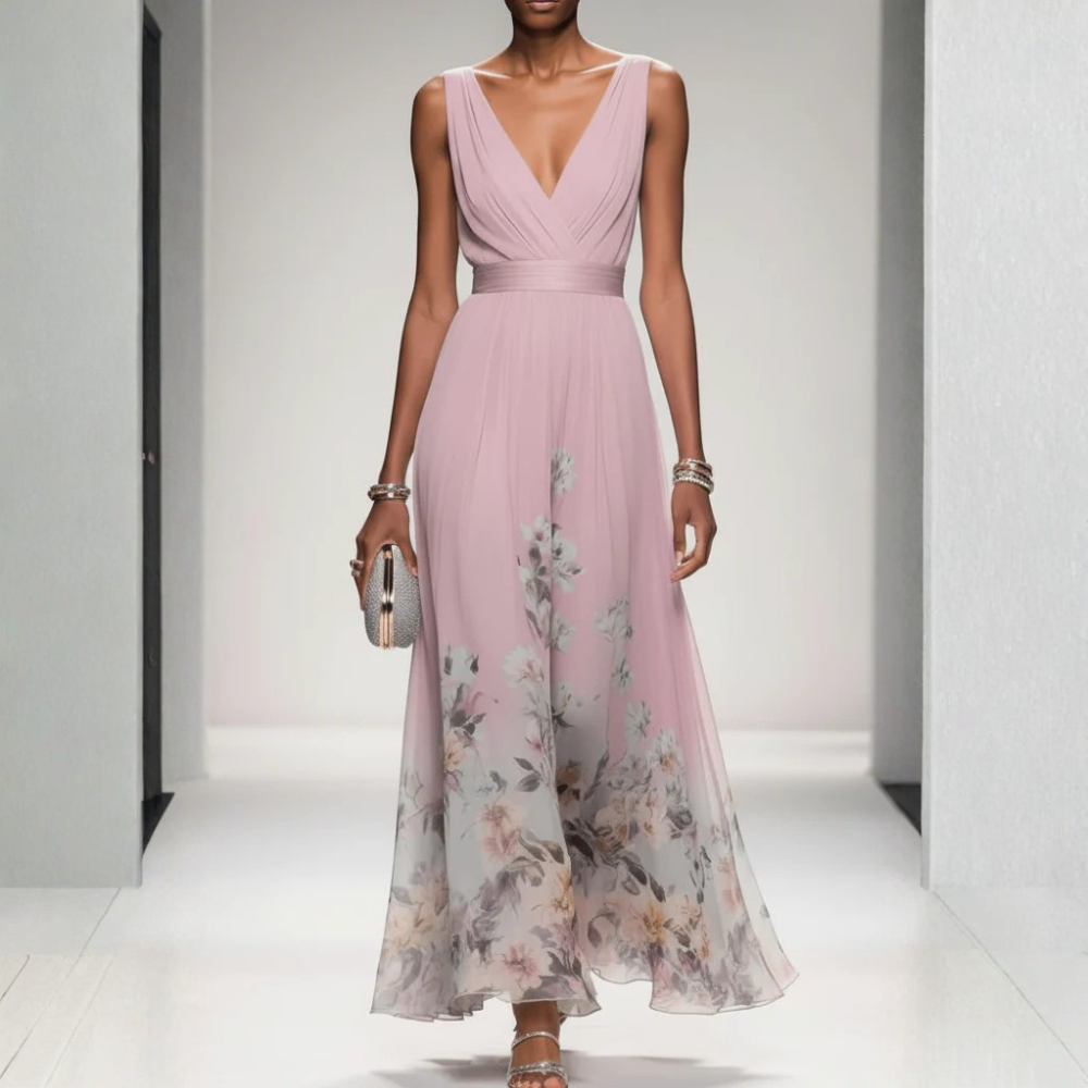 Floral Chiffon V Neck Maxi Dress