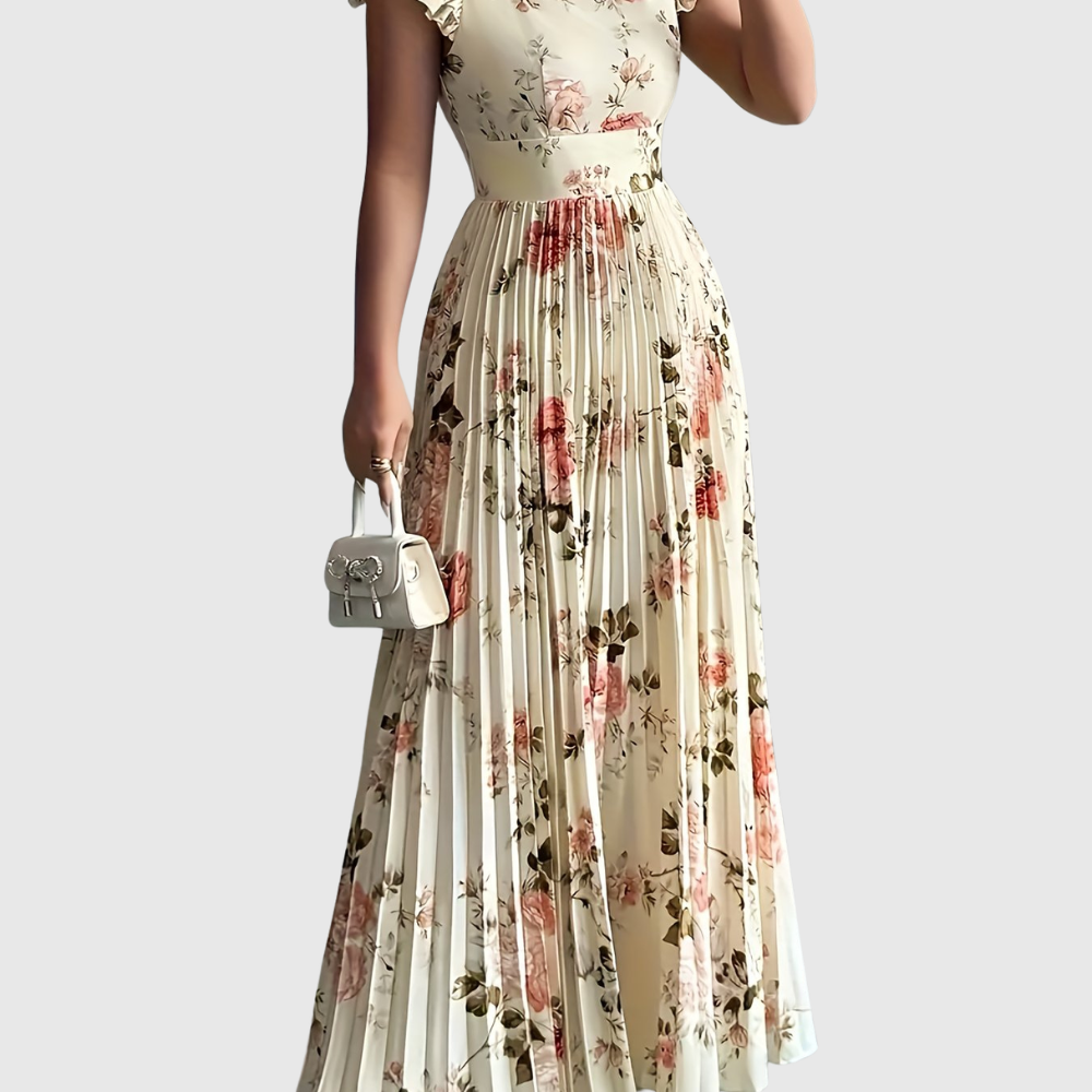 Floral Square Neck Pleated Midi Dress