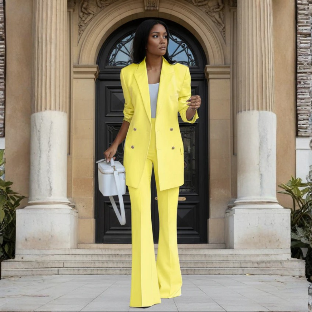 Polished Linen Blazer And Flare Pants Suit