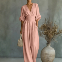 Vintage Jumpsuit mit V-Ausschnitt und weitem Bein