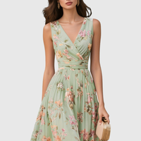 Floral V Neck Pleated Midi Dress