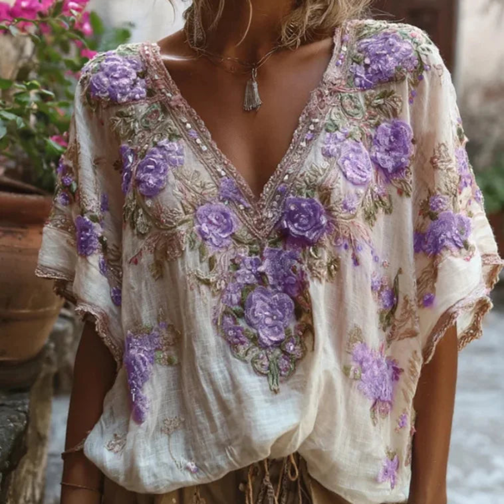 Women V Neck Floral Print Top Half Sleeve Summer Casual